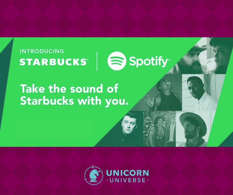 Spotify and Starbucks logos representing their successful strategic alliance partnership
